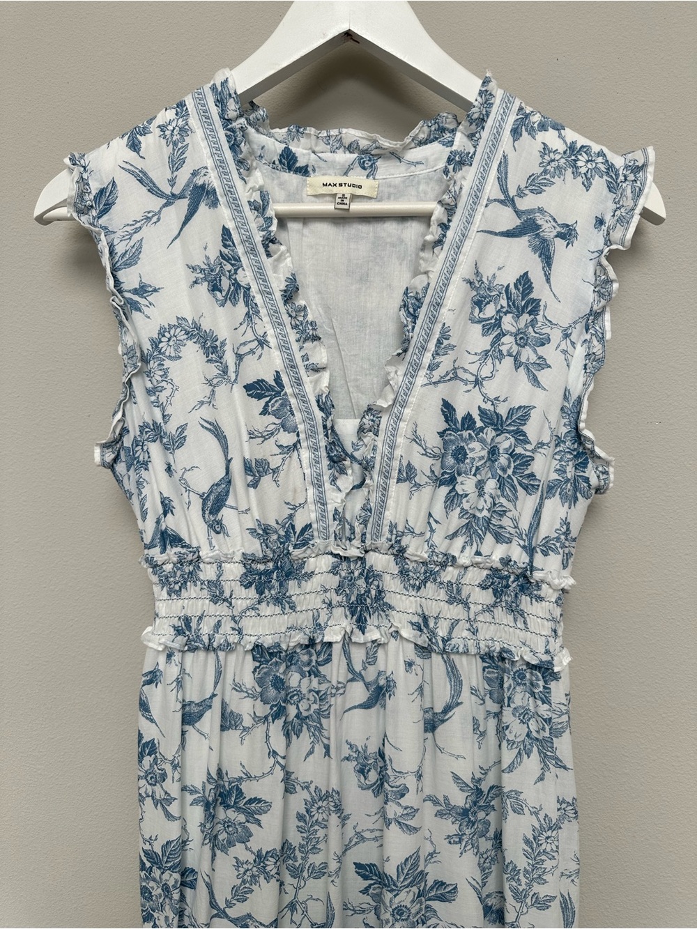 Max Studio White and Blue Floral V-Neck Maxi Dress
